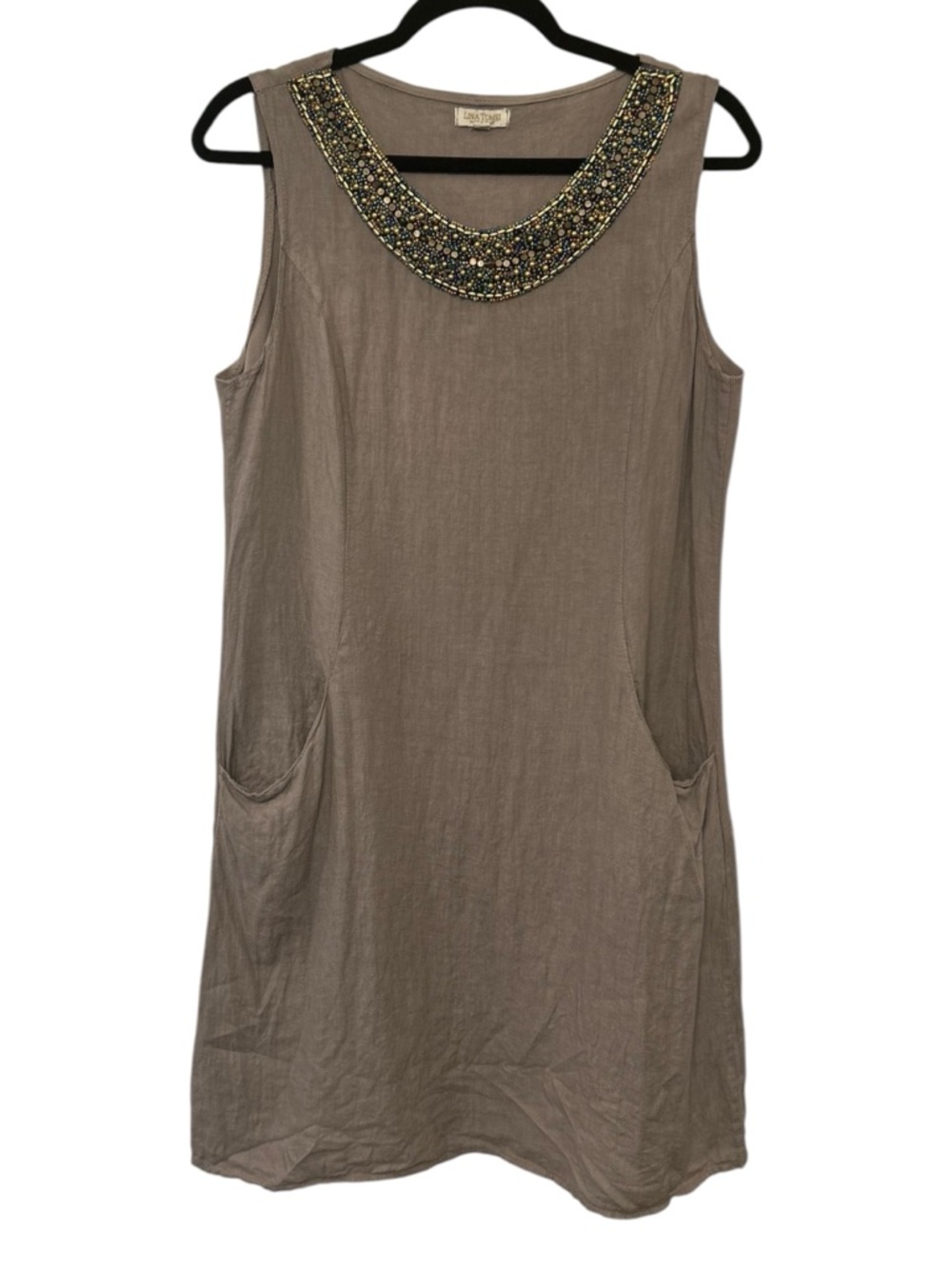 Lina Tomei Linen Shift Dress L Mini Italy Multicolor Beaded Pockets Mixed Media